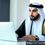 Home 22 크라우드펀딩 투자자의 심리적 요인 분석 - A modern Middle Eastern man in traditional attire sitting confidently at a sleek desk with a laptop ...