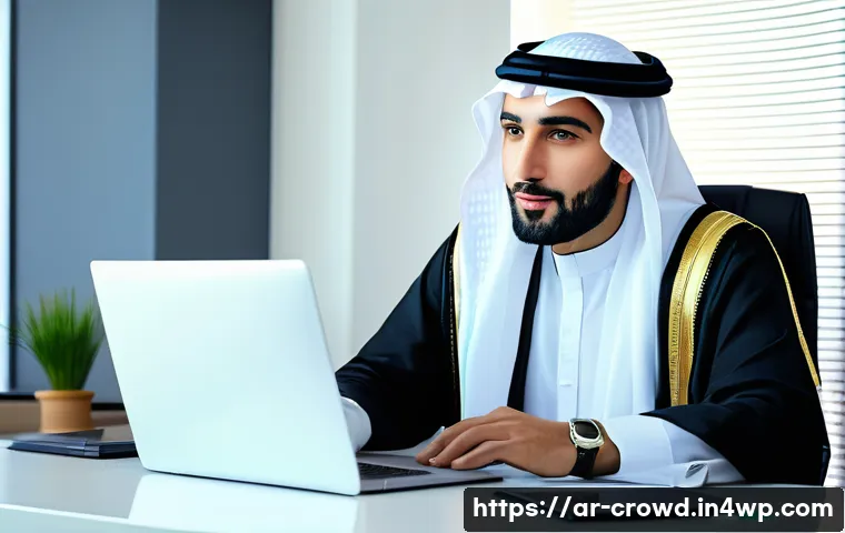 크라우드펀딩 투자자의 심리적 요인 분석 - A modern Middle Eastern man in traditional attire sitting confidently at a sleek desk with a laptop ...