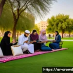 Home 21 크라우드펀딩의 사회적 기업 모델 이해하기 - A vibrant community crowdfunding event in a Middle Eastern urban park setting, featuring diverse gro...