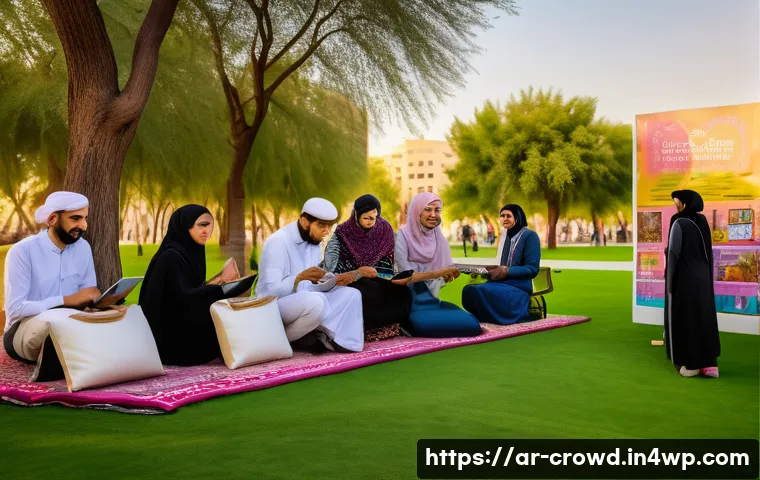 크라우드펀딩의 사회적 기업 모델 이해하기 - A vibrant community crowdfunding event in a Middle Eastern urban park setting, featuring diverse gro...