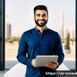 Home 20 크라우드펀딩으로 투자하는 방법 - A modern Arab entrepreneur confidently presenting a diverse portfolio of crowdfunding projects on a ...