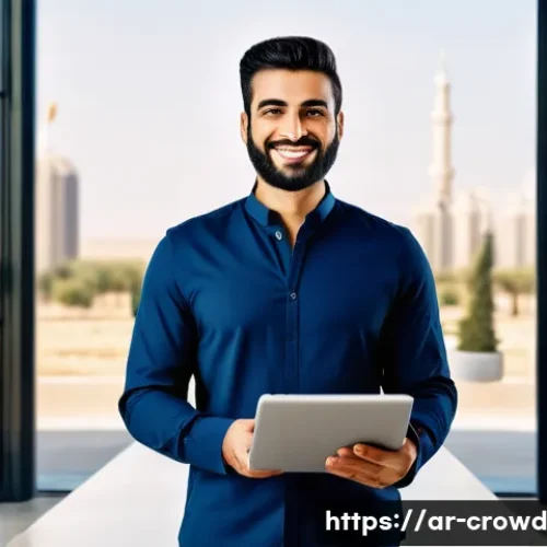 Home 32 크라우드펀딩으로 투자하는 방법 - A modern Arab entrepreneur confidently presenting a diverse portfolio of crowdfunding projects on a ...