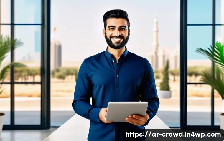 크라우드펀딩으로 투자하는 방법 - A modern Arab entrepreneur confidently presenting a diverse portfolio of crowdfunding projects on a ...