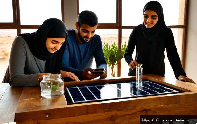 크라우드펀딩의 지속 가능성과 미래 가능성 - Photorealistic sustainable crowdfunding concept in a modern Arab community workspace, diverse Middle...