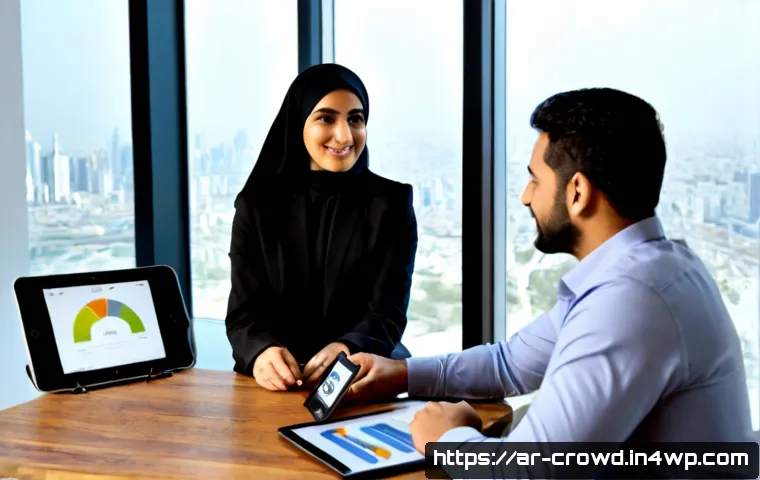 크라우드펀딩 플랫폼에서의 투자 유치 과정 - Photorealistic crowdfunding investment meeting in a modern Gulf Arab startup workspace, confident Ar...